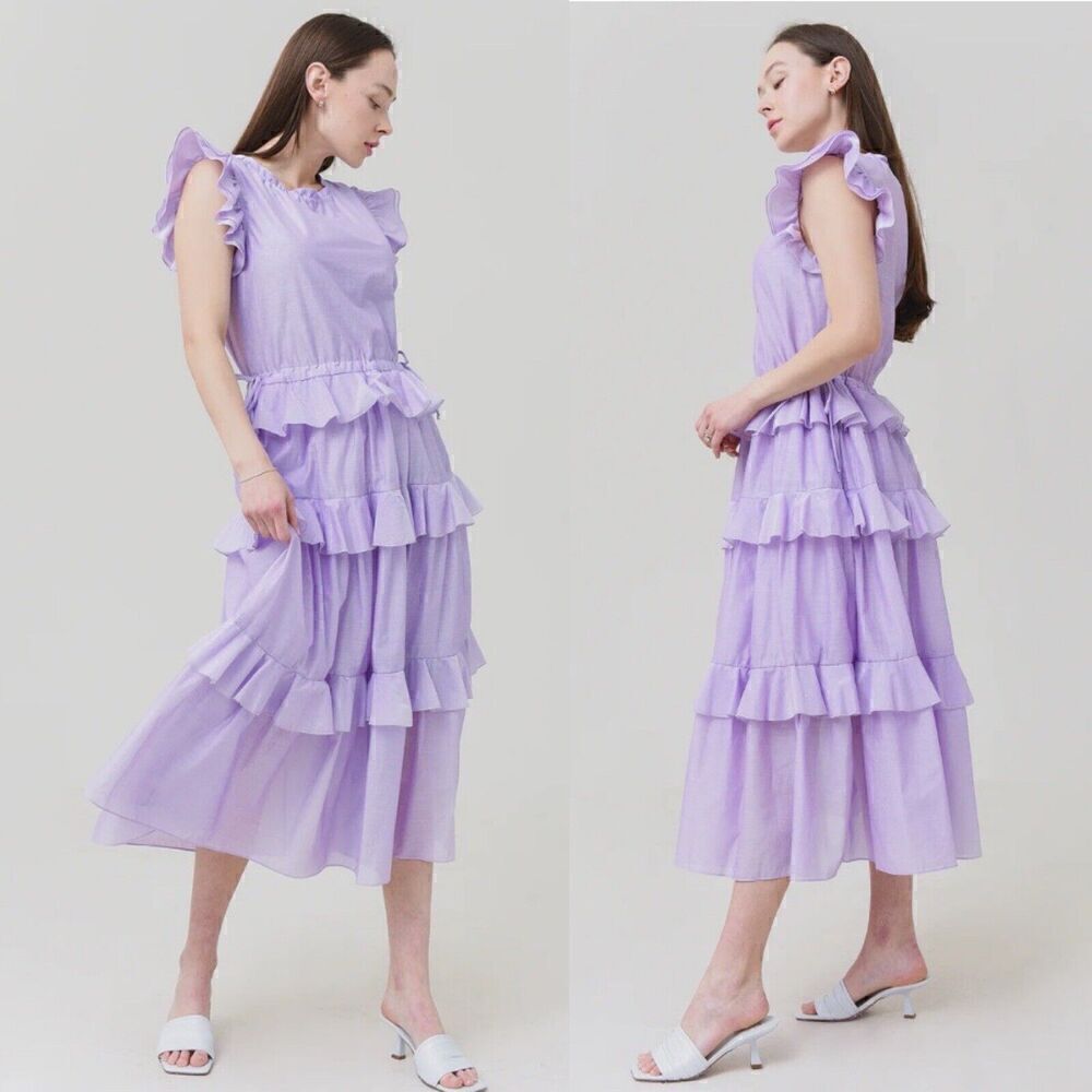 Katherine Kidd Aurora lavender ruffle Victorian cowgirl Midi Dress $495 M NWT
